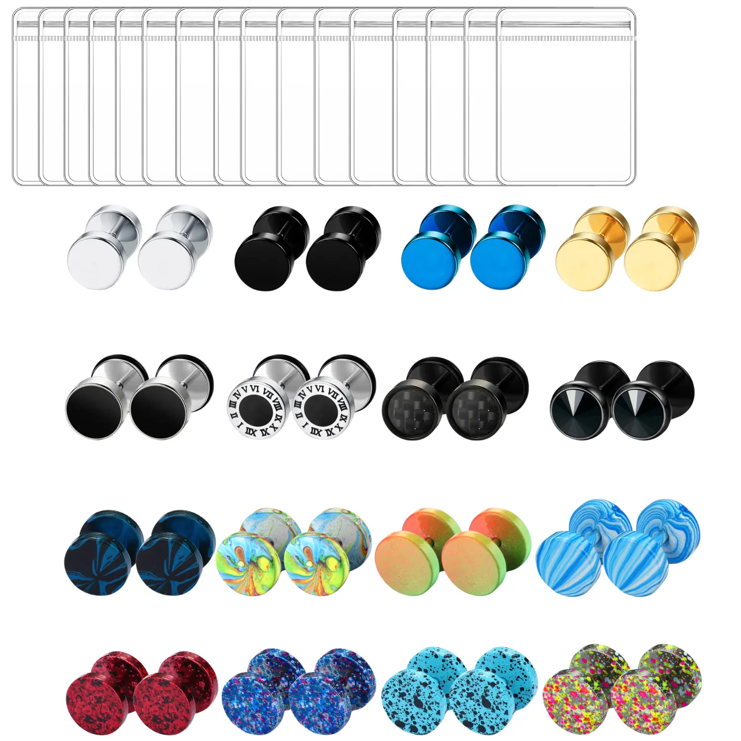16 Pairs Stainless Steel Fake Gauge Stud Earrings for Men Women, Round Flat Back Faux Ear Tunnel Cheater Plugs Piercing Jewelry, Multi Color Dumbbell Earrings with Storage Pouches