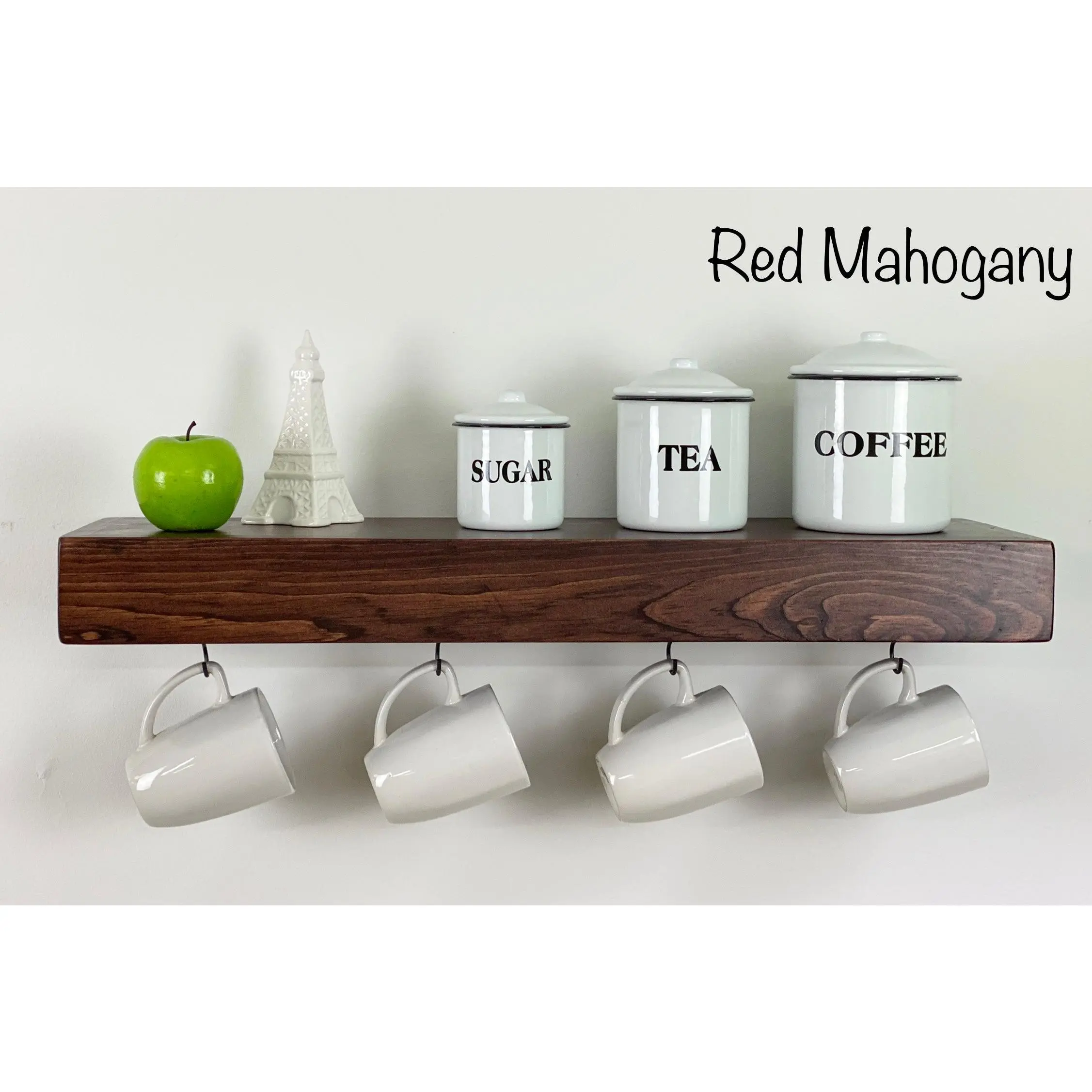 Red Mahogany Floating Shelf with Coffee Mug Hooks
