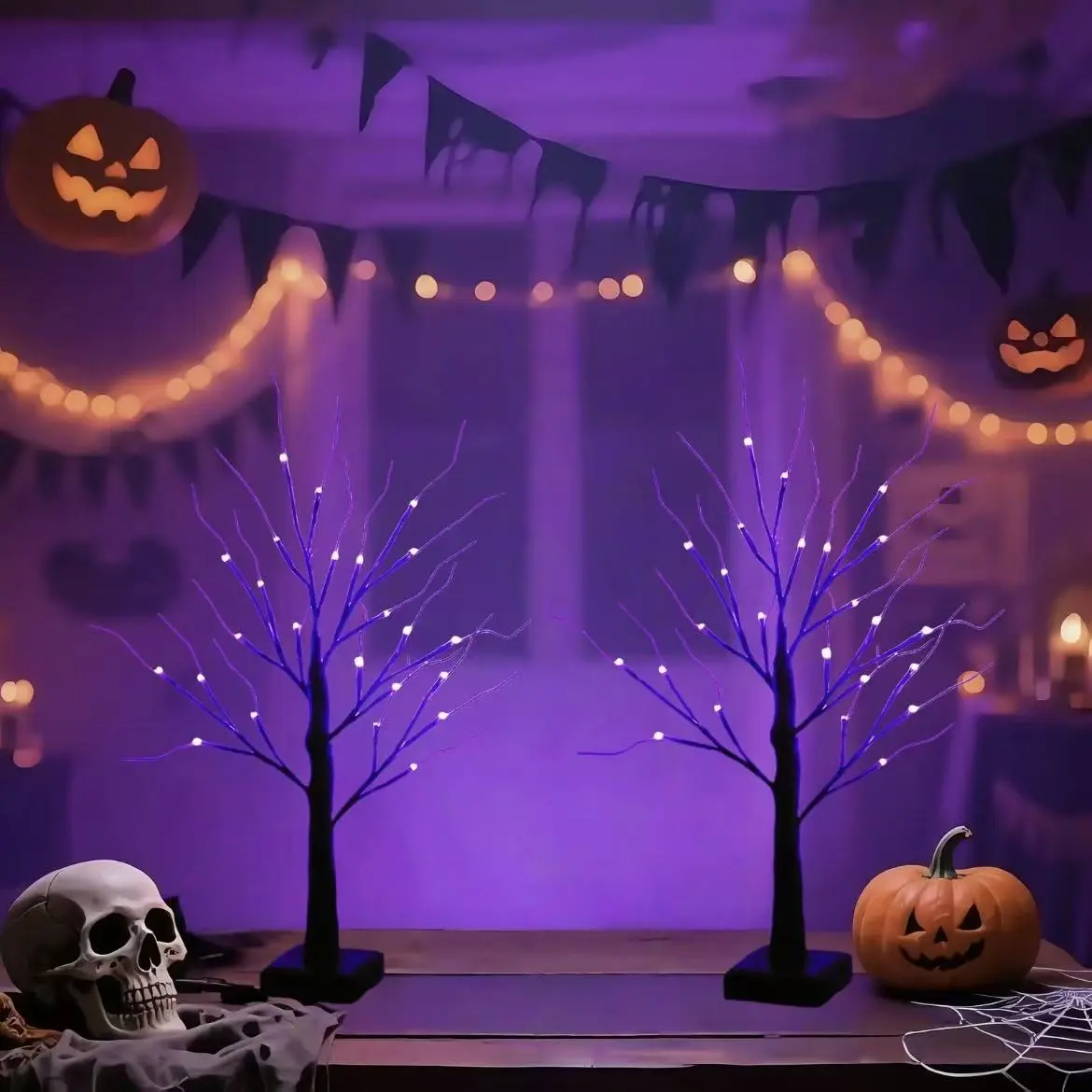 Halloween Tree Lights 2-Piece Set - 24in, 24 LEDs, Spooky Orange & Purple Glow, USB+Battery Powered, Orange Light Decoration for Indoor Haunted Rooms, Fireplaces