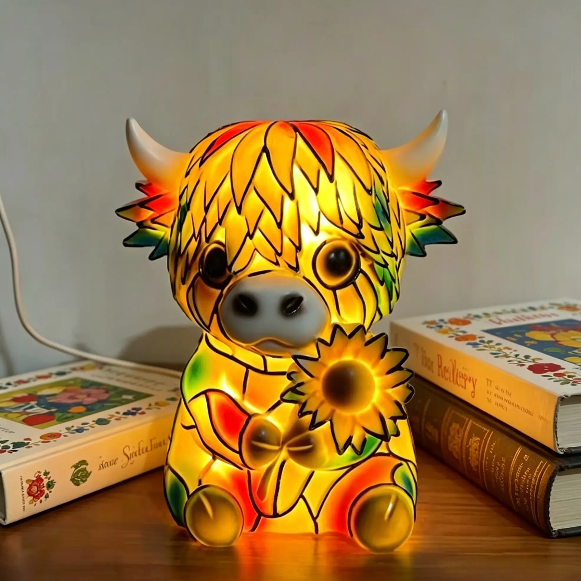 1PC Vintage Painted Highland Cow Night Light, Sunflower Cute Cow Ornament Lamp, Home Atmosphere Decor Light, Decorative Lighting, Decorative Lamps, Birthday Gift
