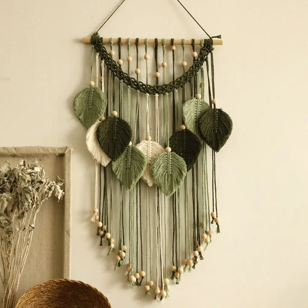 Macrame Wall Hanging Decorative Fringe Leaf Tapestry Handcrafted Quality Bohemian Style Fiber Art Living Room Bedroom Background Wall Decoration Hangable Ornaments Hanging Artistic Home Decor Boho Decor Tropical Leaf Design