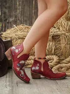 Women's Fashion Vintage Retro Boots, Casual Western Style, Perfect for Daily Wear, Pointed Toe, Ethnic Pattern, PU Leather, All Seasons