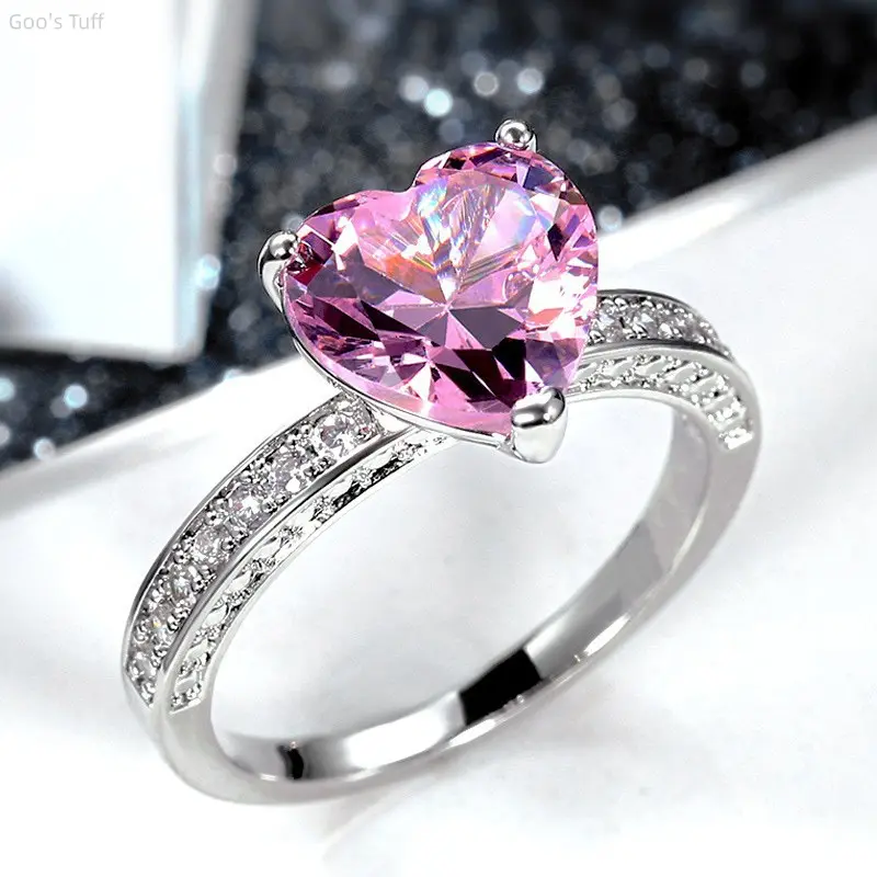 Women's Elegant AAA Grade Heart-Cut Pink Cubic Zirconia Bridal Ring - Female Proposal Engagement Band, Women's Fashion Costume Jewelry Accessory, Romantic, Wedding, Beautiful Rings, Heart Shape