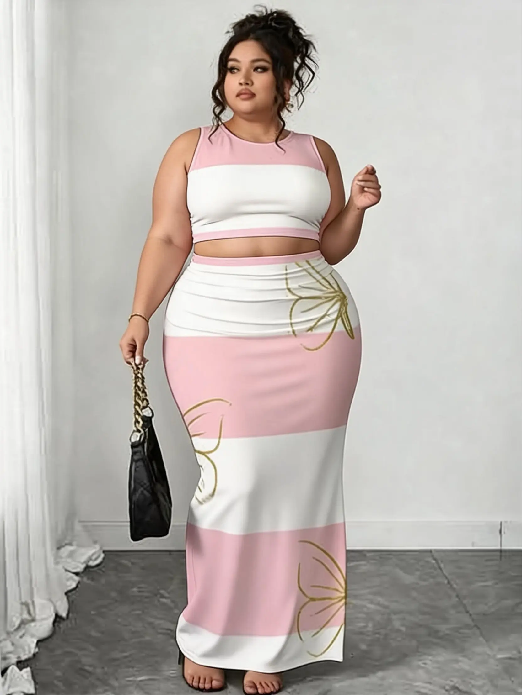 Plus Size 2 Piece Sets for Women, Stylish Striped Butterfly Print Bodycon Crop Top and Split Midi Skirt, Women's Fashion, Casual, Matching, Plussize, Two Piece Sets Women