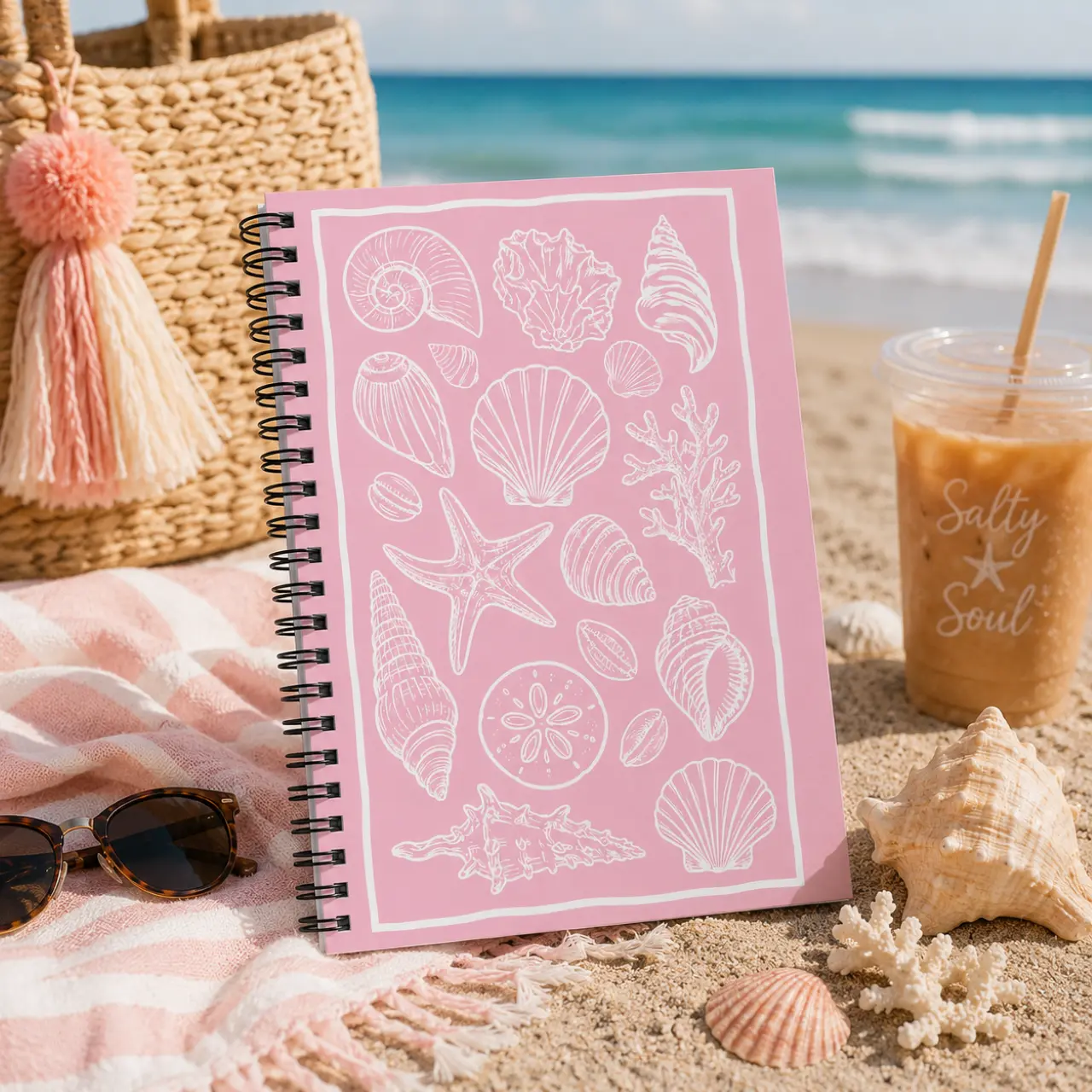 Pink Seashell Spiral Notebook | Coastal Beach Journal | Ocean Lover Notebook | Cute Shell Sketch Journal | Beach Gift for Women | Ruled Notebook