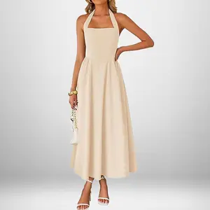 Fashionable and elegant wide-strap halter neck backless dress