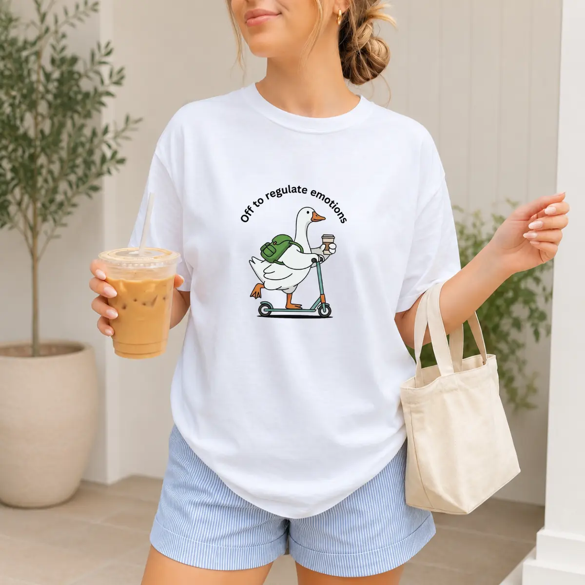 Goose Scooter Off To Regulate Emotions T-Shirt, Funny Goose Graphic Tee, Scooter Duck Coffee Backpack Shirt, Front Graphic Print Tee, Teacher Counselor Therapist Gift, Back To School Outfit, Unisex Casual Graphic Shirt