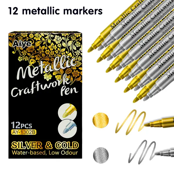 12-Pack Metallic Marker Pens Set, 2mm Line Width Water-Based Inks, 6 Gold & 6 Silver, Office Stationery for Rock Art, Ornament Decor, Crafters, Art Supplies for Black Paper