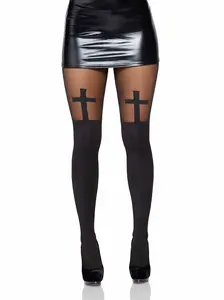 Leg Avenue Bless Me Cross Alternative Fashion Opaque Tights Halloween Costume Soft Fabric Eye-catching Cross Motif Perfect Fit Technology Reinforced Toes Comfortable Wear