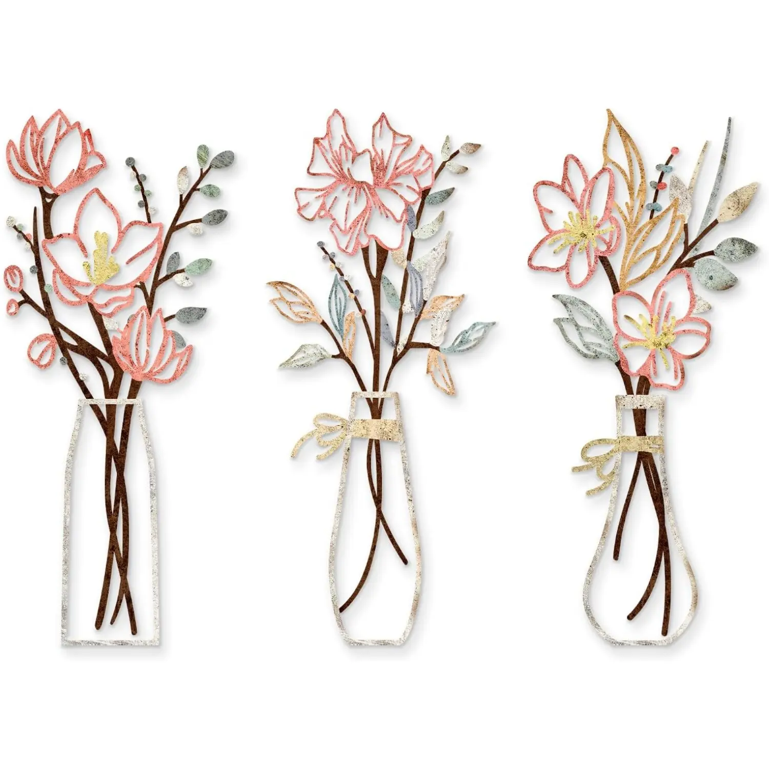 3 Pcs Metal Flowers Wall Arts Rustic Farmhouse Decor Bathroom Wall Decor Dining Room Wall Decor Minimalist Decor Housewarming Gifts (Multicolored) 13.8x6 inch Colorful Floral front porch