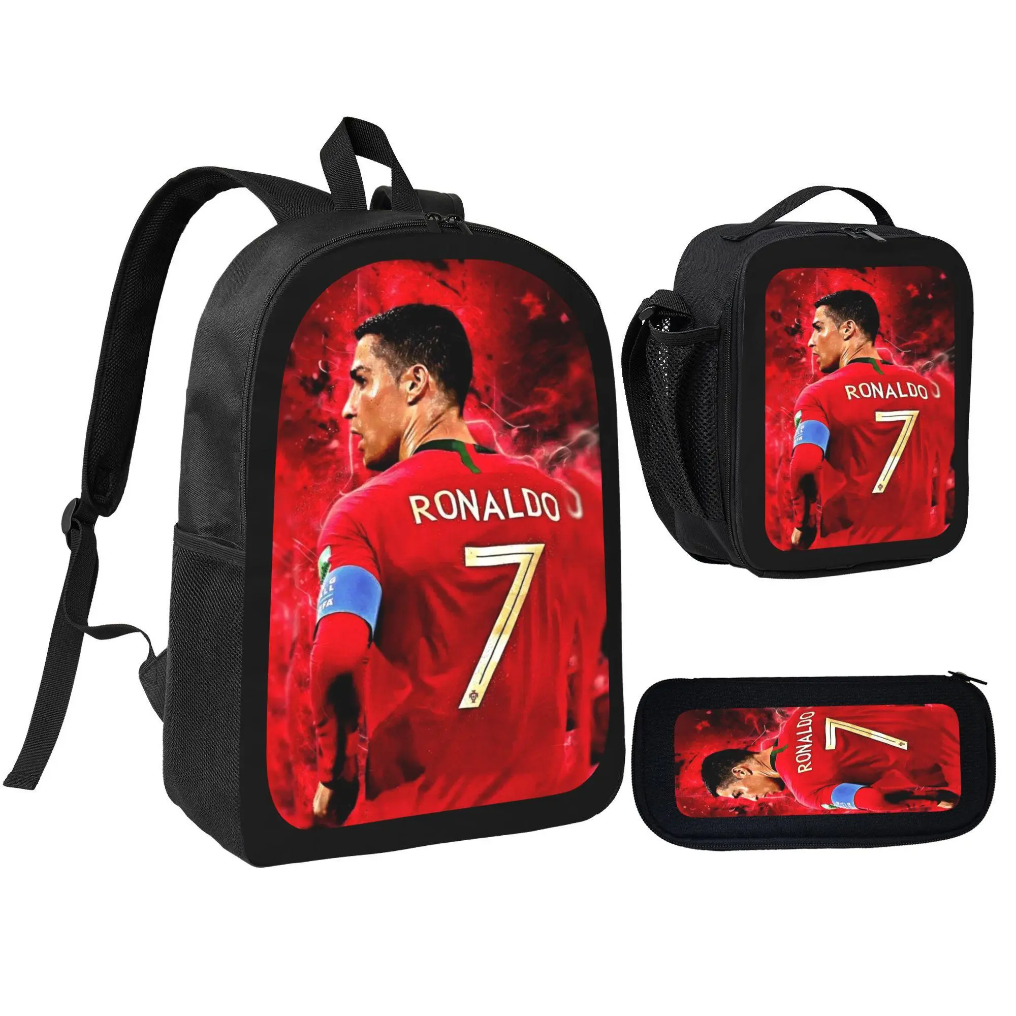 Boys' 3-Pcs School Size Backpack Set - Ronaldo Number 7 Red Jersey Player Print, Includes Lunch Bag & Pencil Pouch for Kids Students, School Size Backpacks Youth Backpack Premium School Backpack