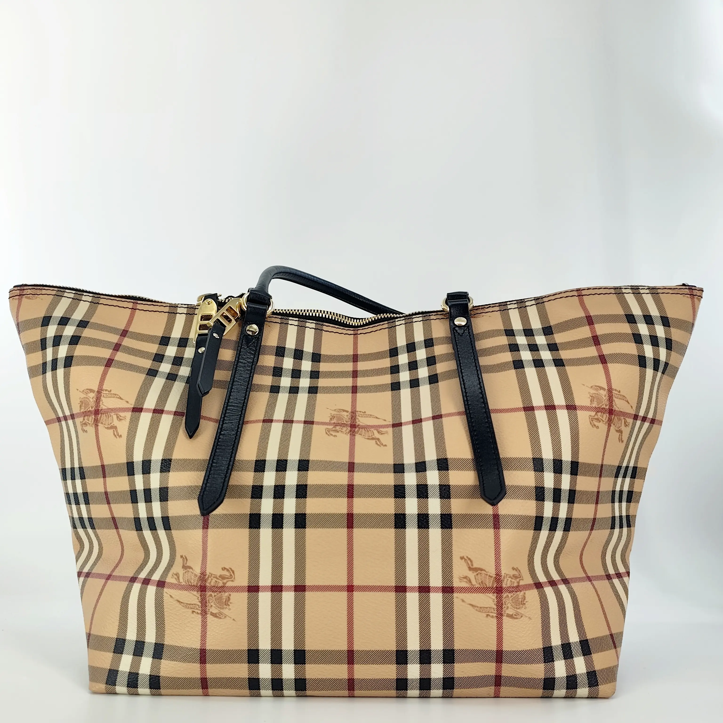 Pre-owned BURBERRY leather Tote bags Haymarket Check Small Zip Tote Chocolate J00129 NO2