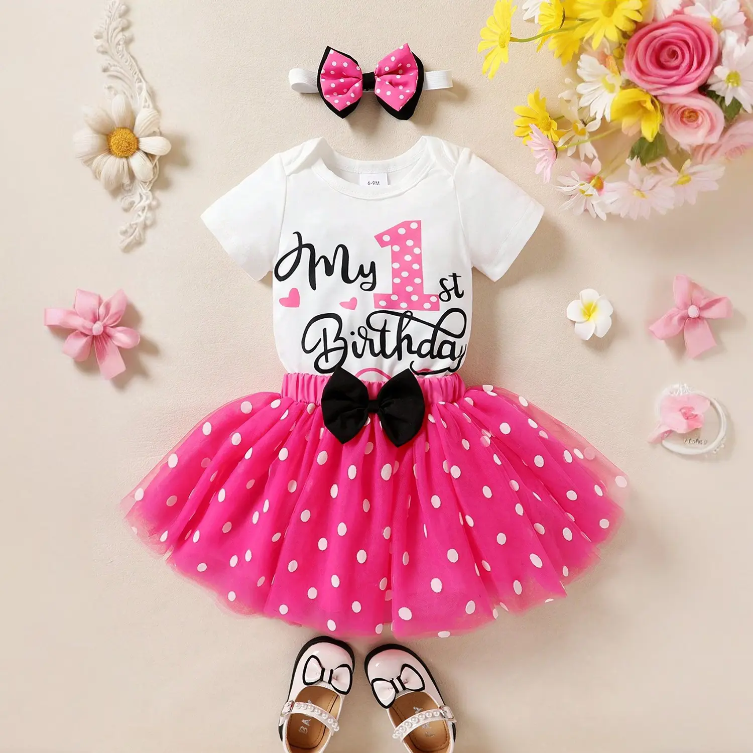 Baby Girls 0-18 Months Clothes Polka-dot Fashion Newboron 1st Birthday Toddler Outfits Baby "My 1st Birthday" Romper+Tutu Skirts+Headband 3/PCs
