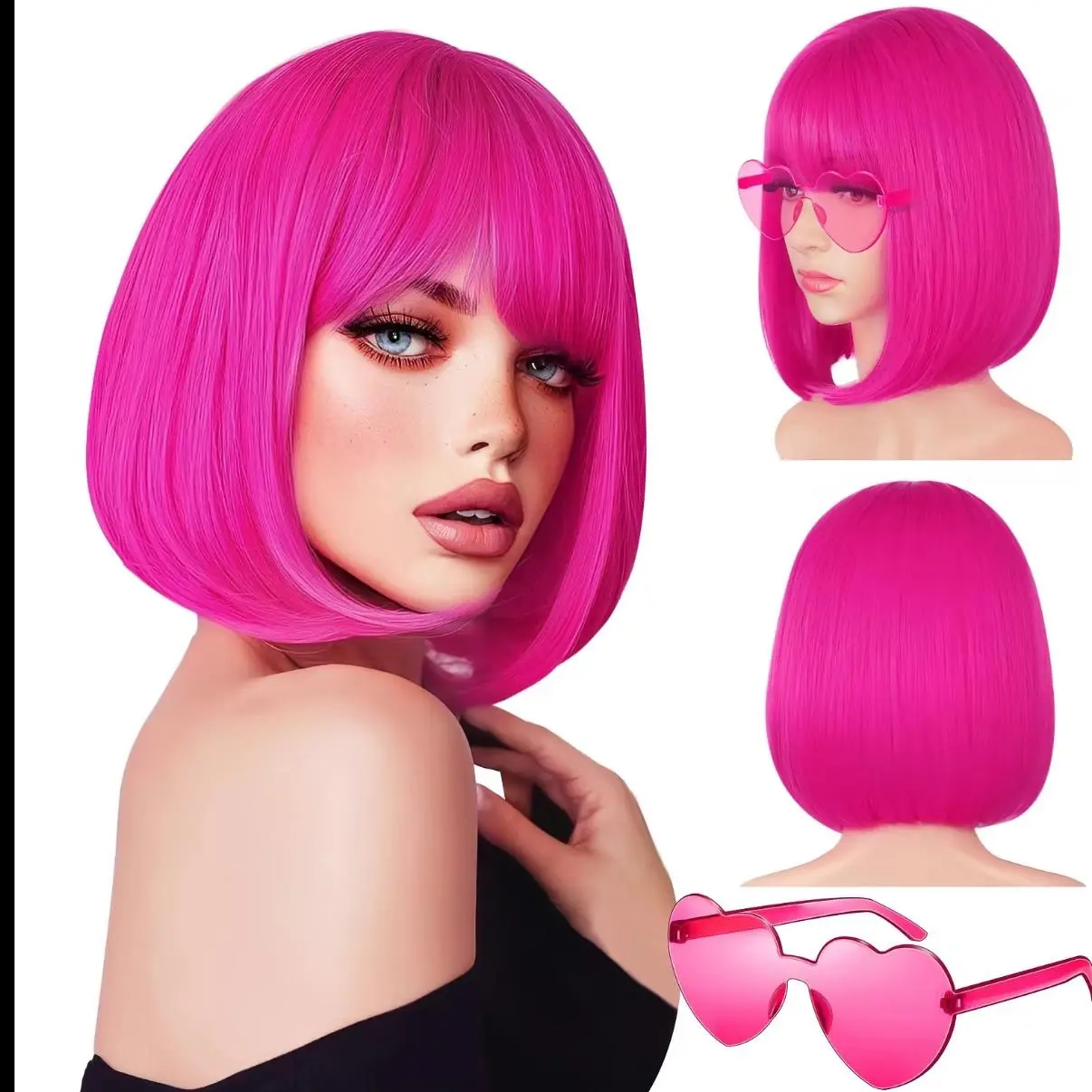 MAQUIUAGE Short Bob Hair Wigs Straight with Flat Bangs Synthetic Colorful Cosplay Daily Party Neon Wig for Women + Free Heart-Shaped Glasses 10“ Natural As Real