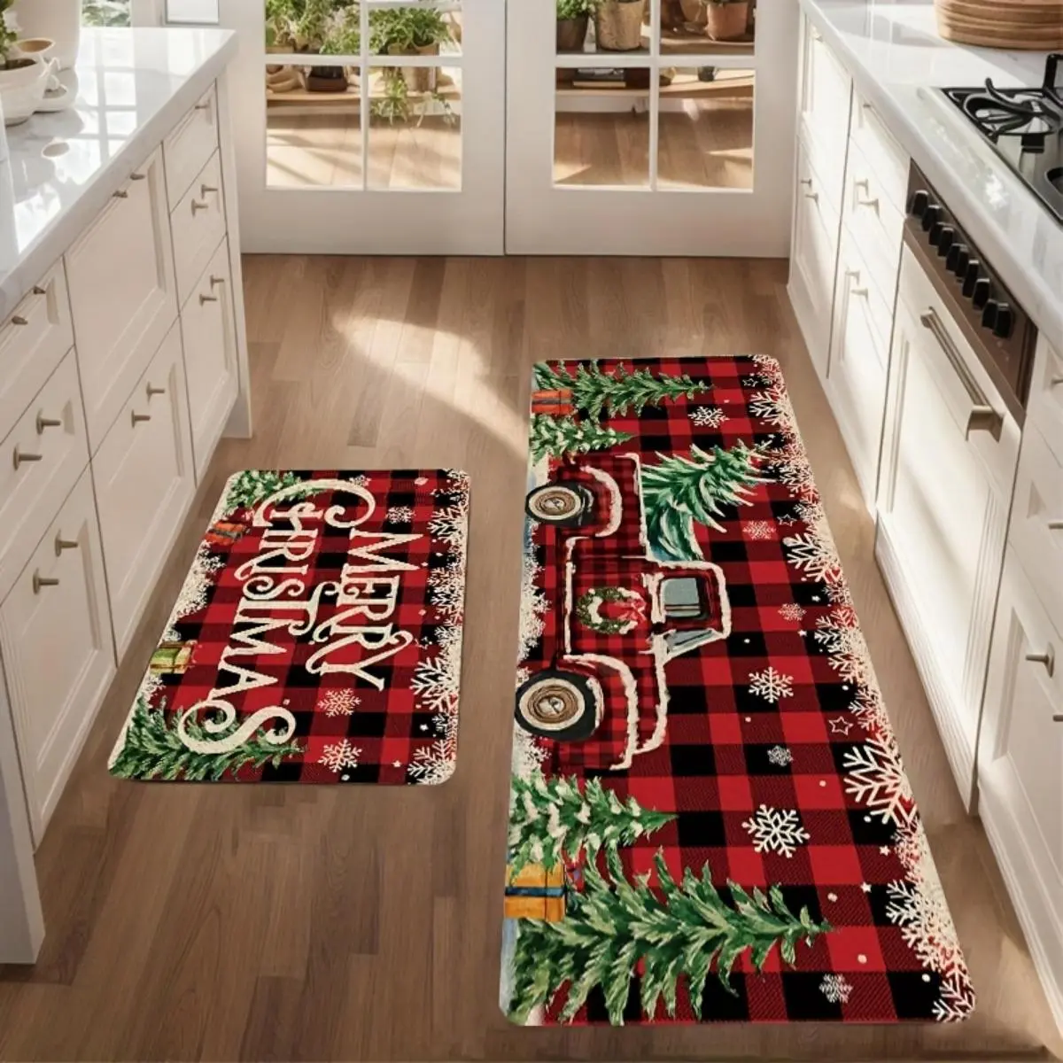 Christmas Kitchen Mats for Floor - Farmhouse Truck Red Buffalo Plaid Christmas Kitchen Decor - Xmas Kitchen Rugs Set of 2 Decorations for Bathroom,Home,Indoor Decorative Rug Mat Checkered Area Rug