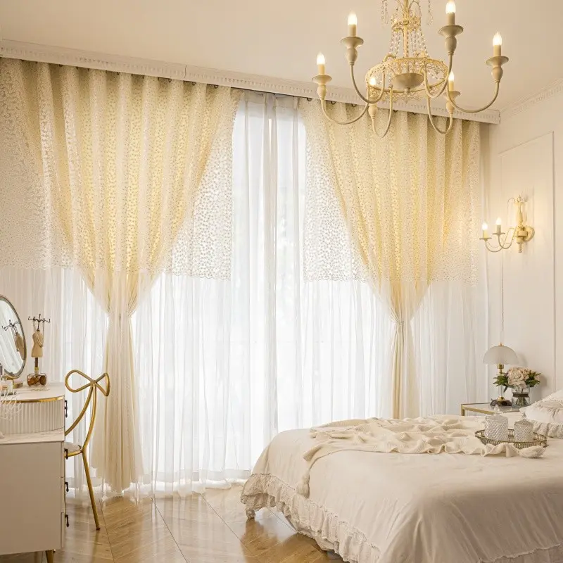 Korean Style Customizable Double Layer Curtains, Daisy Patchwork Embroidered, Full Light Blocking Lace Fabric, Ideal for Living Room Bedroom