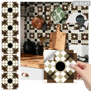 24PCS FHZ Brown White Checkerboard Dot Vintage Tile Stickers PET Matte Peel and Stick Backsplash Waterproof Oil Proof Wall Decor for Kitchen Bathroom