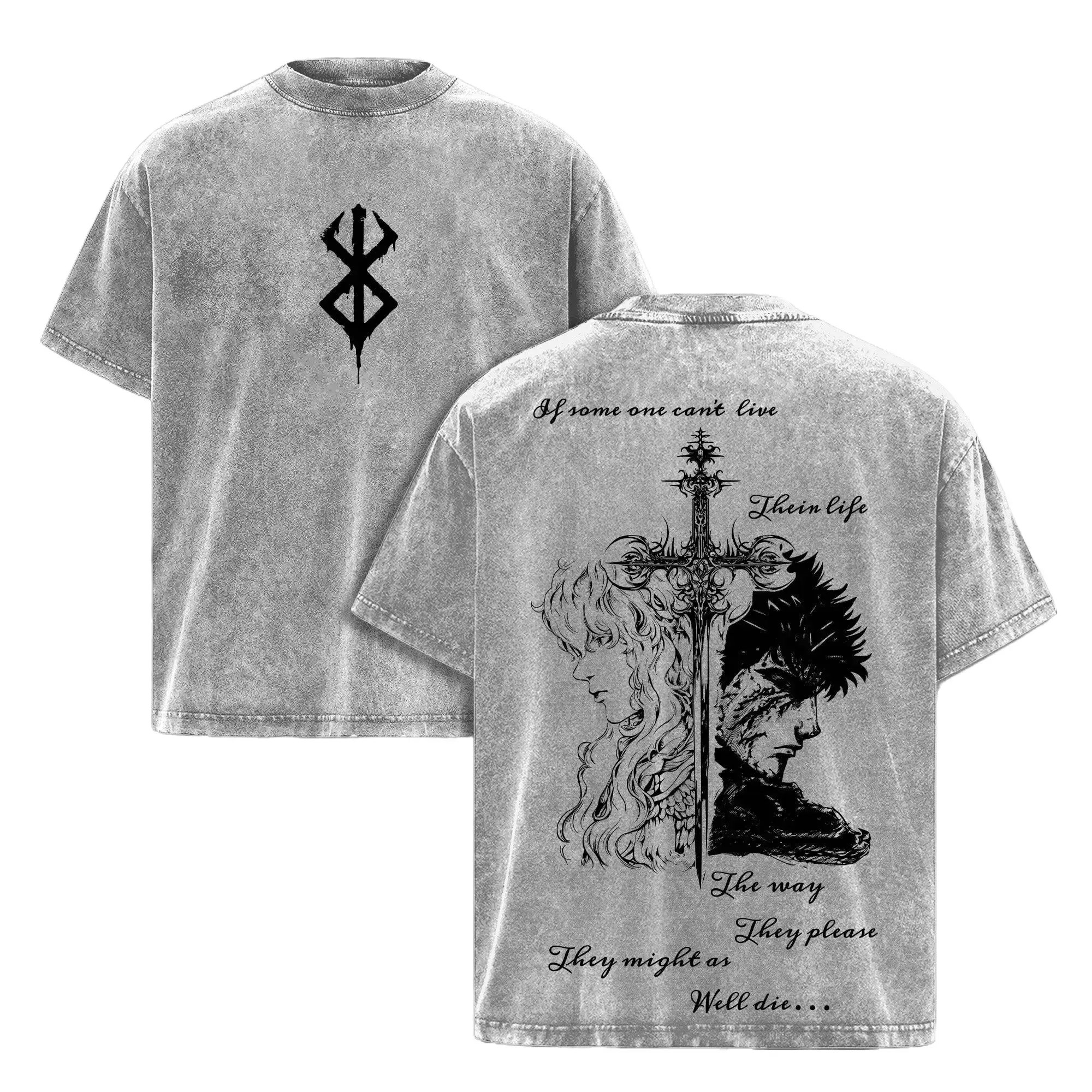 Men's Berserk Graphic Short-Sleeve T-Shirts - Unisex Vintage Wrinkle-Resistant Cotton Top, Guts x Griffith Rivalry Design, 90s Retro Distressed Round Neck, Casual Fit Breathable Dark Fantasy Street Style Drip Daily Wear
