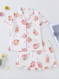 Cartoon Print Pajama Set, New Fire Retardant Fabric Button Front Shirt & Loose Fit Shorts, Casual Home Wear for Kids