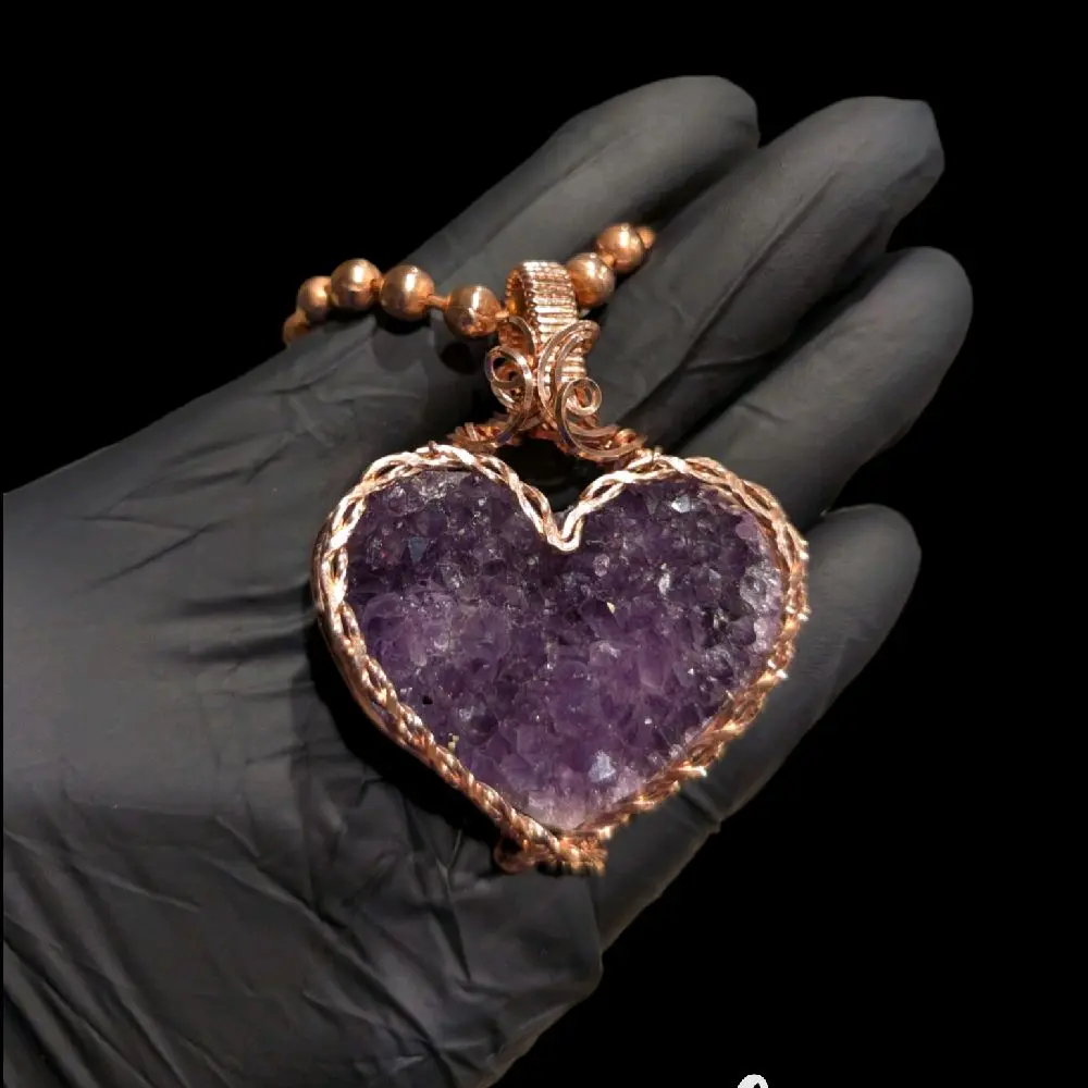 Natural Crystal Wire-Wrapped Copper & Amethyst Heart Cluster Pendant, Twisted Frame, with 6mm Copper Ball Chain Included (A)