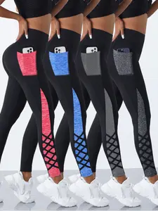 4PCS Crossover Straps Color Block Pocket Outdoor Sports Pants Stretchy High Waist Yoga Training Pants，Women's  Sports trousers，Suitable for All-Seasons Wear, High Waisted Side Pocket Leggings
