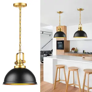 Black and Gold Pendant Light Kitchen Island, Black Dome Pendant Lights Gold Modern Matte Black Gold Pendant Lighting Metal Hanging Ceiling Light for Living Dining Room Sink Restaurant Entrance