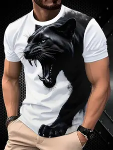 Men's Leopard Print Short Sleeve T-Shirt, Menswear Fashion Trendy Unique Design, Casual Fitted Long Top, No Collar, H Type Silhouette