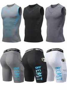 Men's 6-Piece Compression Sports Set—Quick-Dry, Breathable Crew-Neck Top and Training Shorts with Side Pockets—Ideal for Training, Running, and Gym Workouts outdoorfun