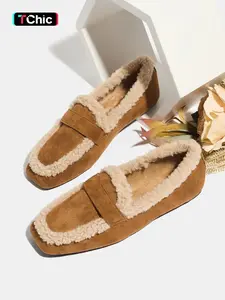 Women's Fall Winter PU Leather Casual Loafers, American Retro Style Furry Slip-On Shoes, Soft Rubber Sole, Warm & Comfortable Design