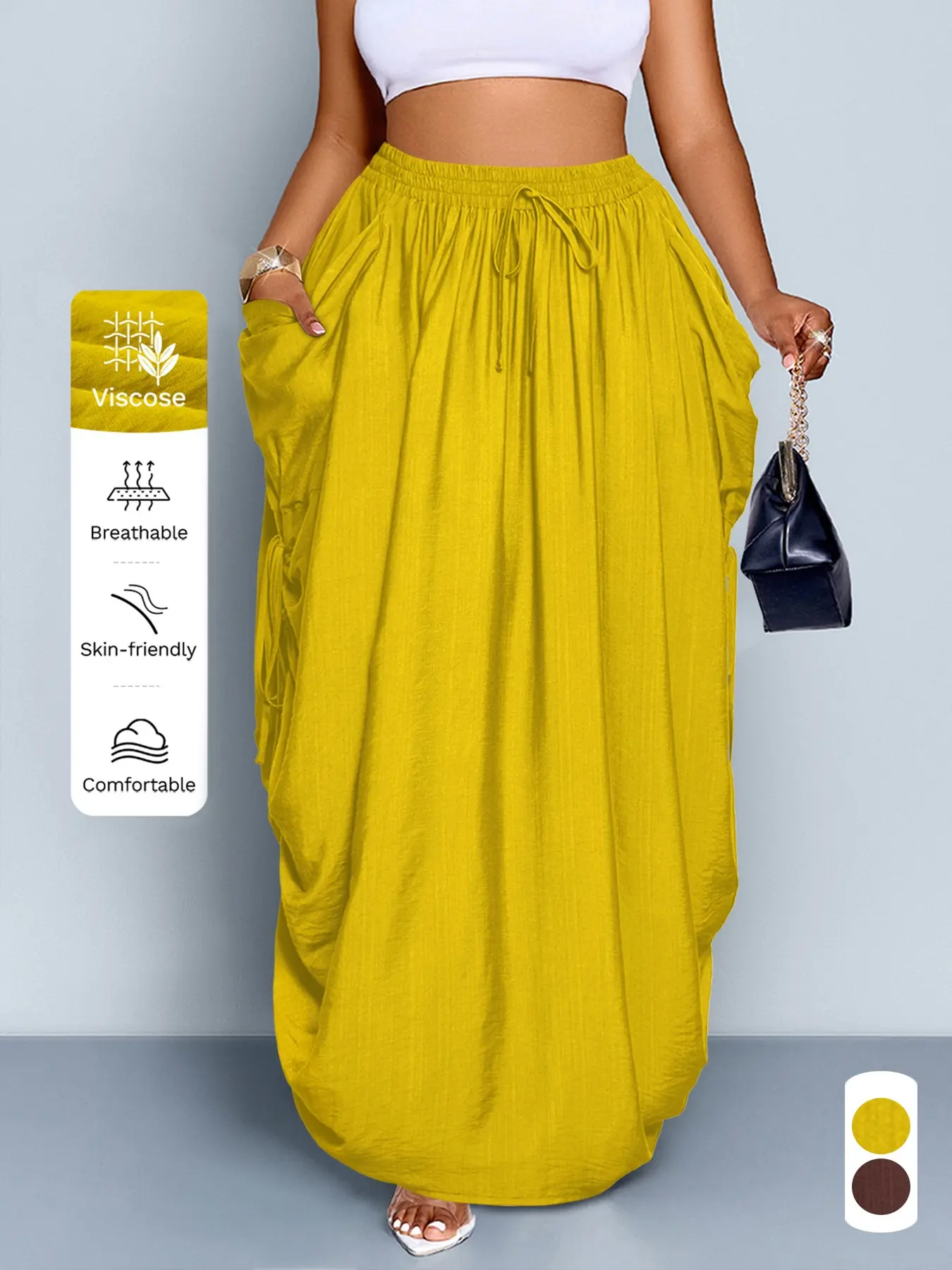 Plus Size Women's Summer Casual Breathable Maxi Long Skirt, Fitted Solid Color with Waist Pockets and Adjustable Drawstring, Daily Commute Style Bottom, All-Season Fashion