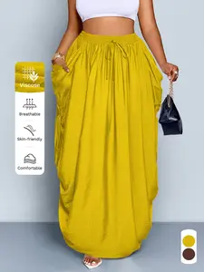 Plus Size Women's Summer Casual Maxi Skirt, Fitted Solid Color with Waist Pockets and Drawstring, Daily Commute Style, All-Season Fashion, Bottom