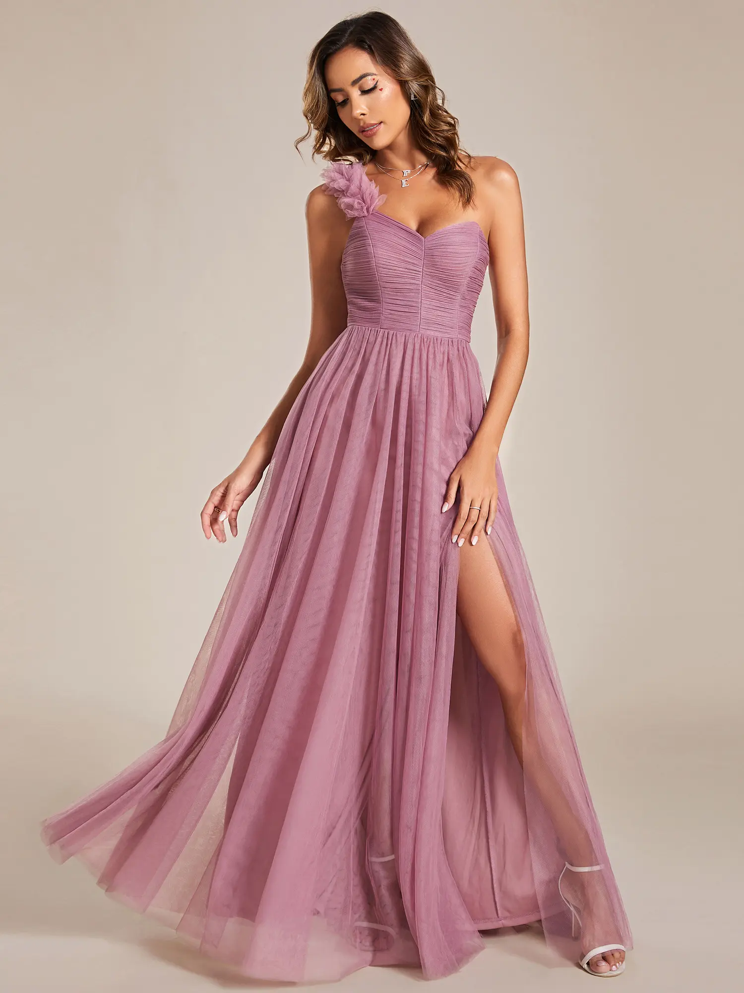 EVER PRETTY Women's 1-Shoulder Asymmetrical Formal Bridesmaid Maxi Dress 01911 - Sleeveless Sweetheart Neckline, Spaghetti Strap, Floral Tulle, High-Slit, Zipper, Cute Fit, Lightweight Quality Polyester Fabric, Plain Black-Tie Wedding Ready Elegant Dress