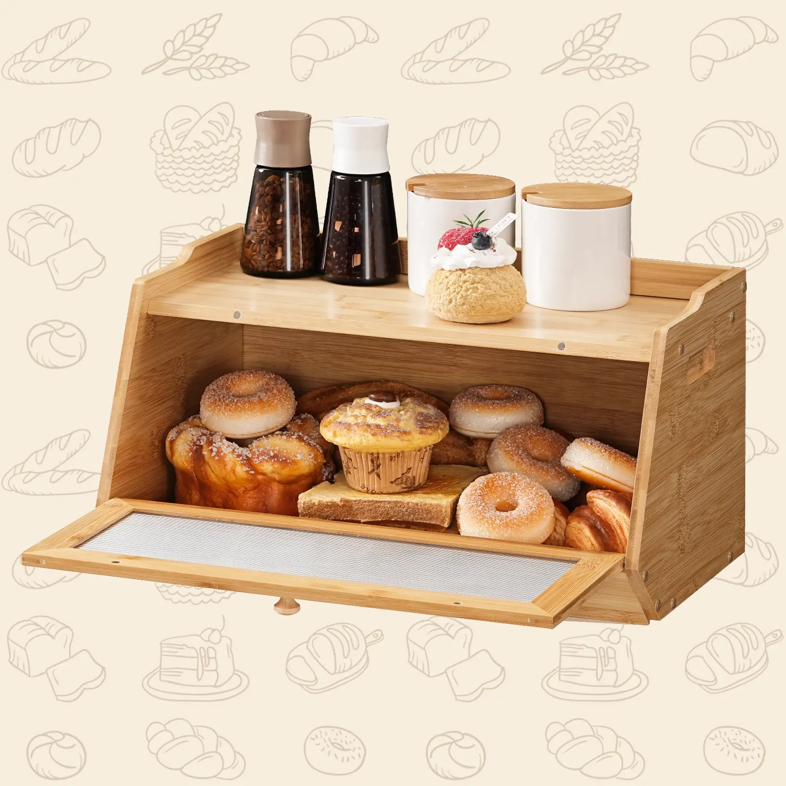 HOOBRO Bread Box, Bamboo Bread Box for Kitchen Countertop, Farmhouse Bread Storage Box with Acrylic Window, Bread Holder with Drop-Down Door, for Food Storage, Natural #SummerVibes