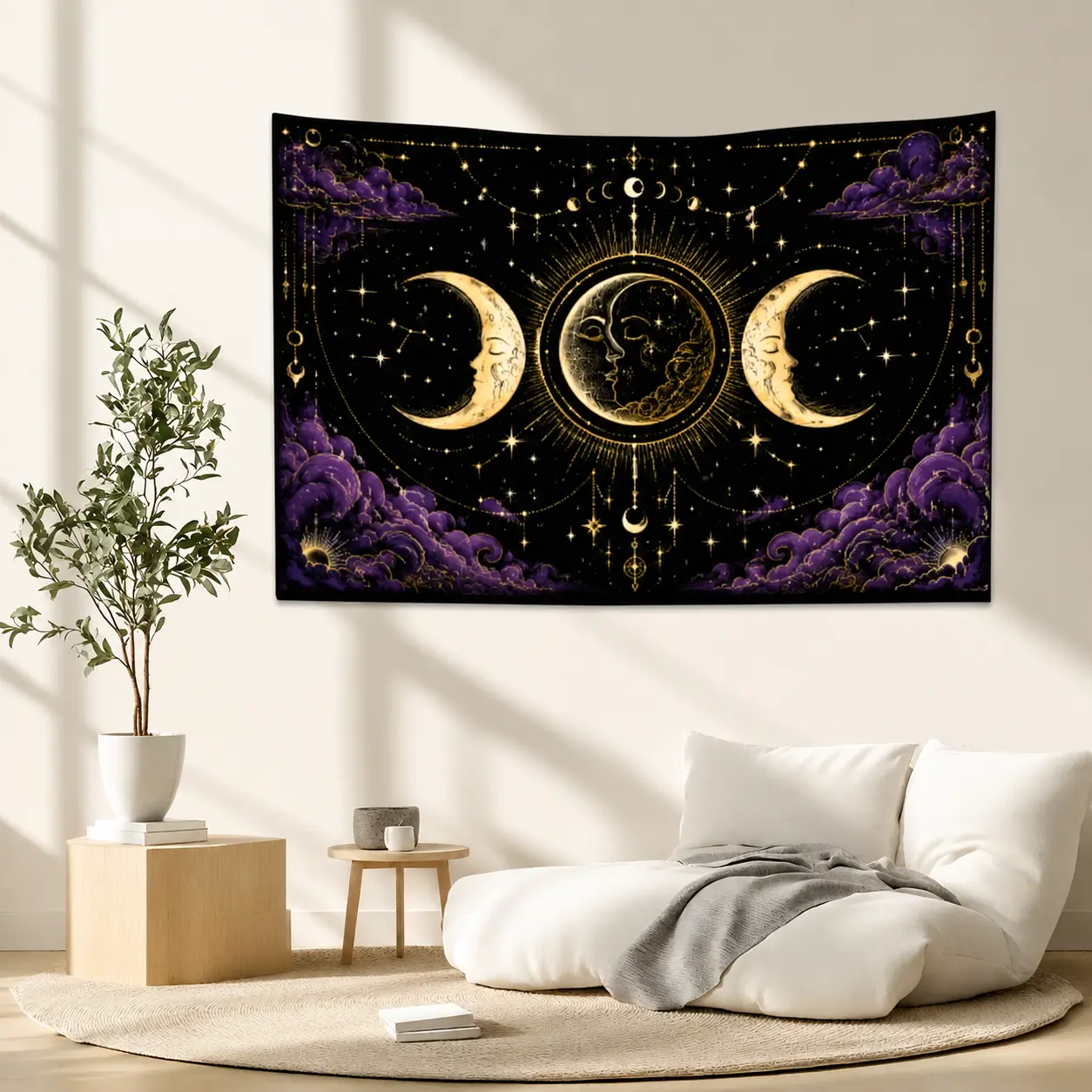 Mystic Moon Celestial Witchy Wall Tapestry, Moon Phase Galaxy Wall Hanging Art, Astrology Starry Sky Boho Bedroom Decor