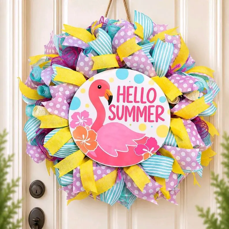 Flamingo Summer Wreath, Tropical Beach House Door Decor, Pink Yellow Blue Ribbons