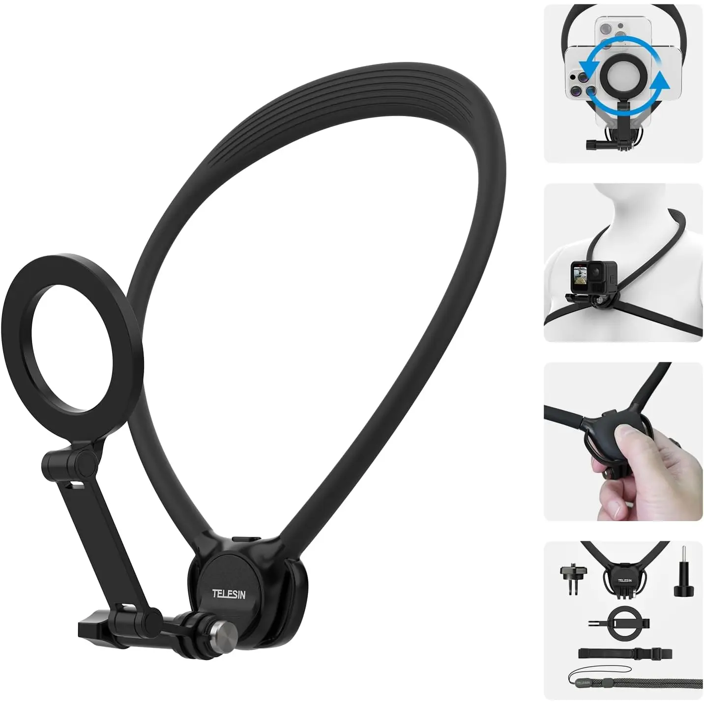 TELESIN Neck Mount Se 2.0 Combo Set, Magnetic Phone Holder for Iphone Android, Chest Strap Hand Free POV Video Phone Stand for Iphone 16 15 14 13 12 Samsung Android Action Cameras TELESIN