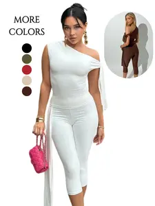 Women's Solid Asymmetrical Neck Knot Top & High Waist Capri Pants Set, Elegant Ruched Top & Skinny Trousers for Daily Outdoor Wear, Fashion