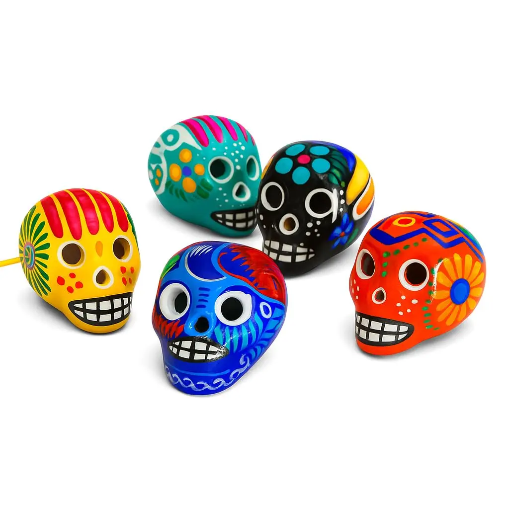 DREAMCO SUPPLIES Hand Painted Mexican Skull Carving Sculptures, Oaxacan Skulls Set of 5, 2-3 Inches