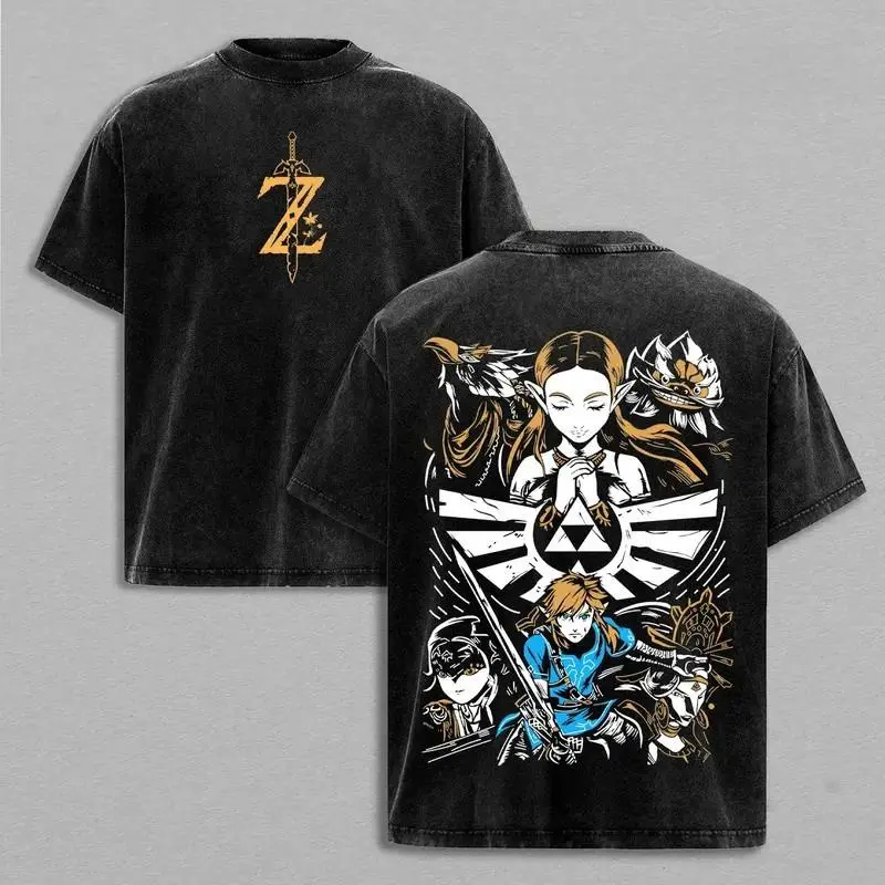 Men's Short-Sleeve Round Neck Vintage Distressed Zelda Tears of the Kingdom Graphic T-Shirt - Menswear Casual Streetwear Top for Festive Occasions, Tshirt, Shortsleeve, Fitted, Casual T-Shirts, Graphic Print, Figure, Grunge T-Shirts
