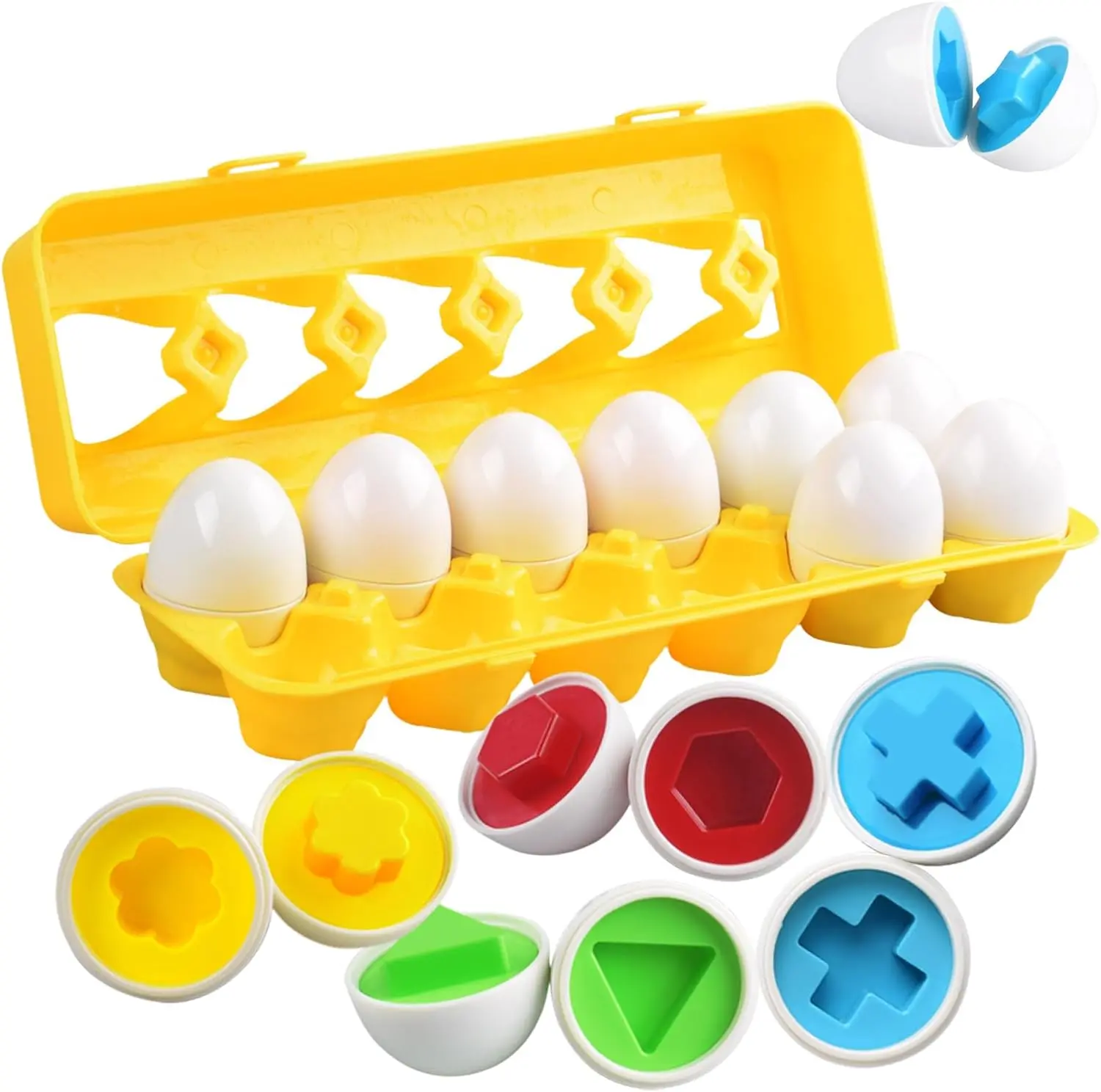 Matching Egg Toy 12 PCS for Toddlers Ages 1-3 Kids, Easter Eggs Shape & Color Recognition with Carton, Montessori Sensory Sorter Toddler Toys for Travel Play, Gifts for Year Old Baby (Yellow)