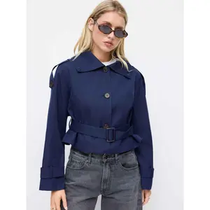 Cider Collar Oversized Long Sleeve Crop Trench Coat With Belt