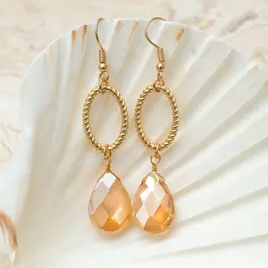 Saba Teardrop Earrings for Women - Gold Faceted Stone Dangle with Hoop Detailing & Fish Hook Backing - Nickel-Free Safe for Sensitive Skin
