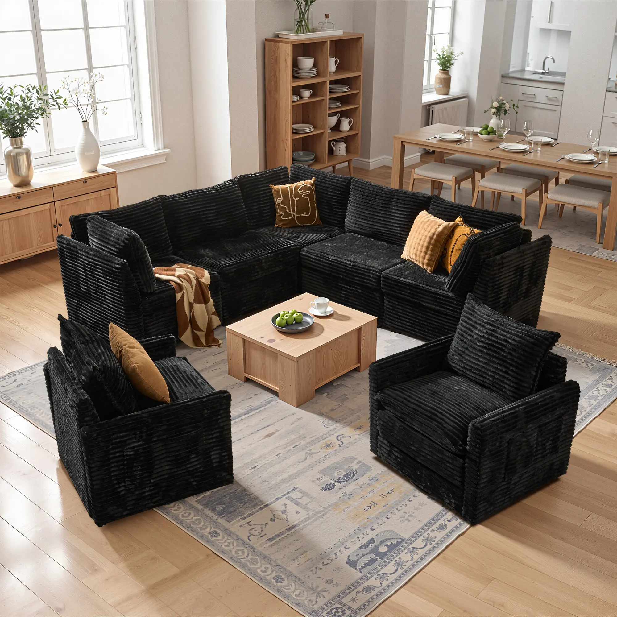7PCS Modular Cloud Sectional L Shaped Sofa Set with 2 Swivel Chairs Modern 7 Seater Sectional Couch Deep Seat with Throw Pillows for Living Room Easy Assembly Free Combination