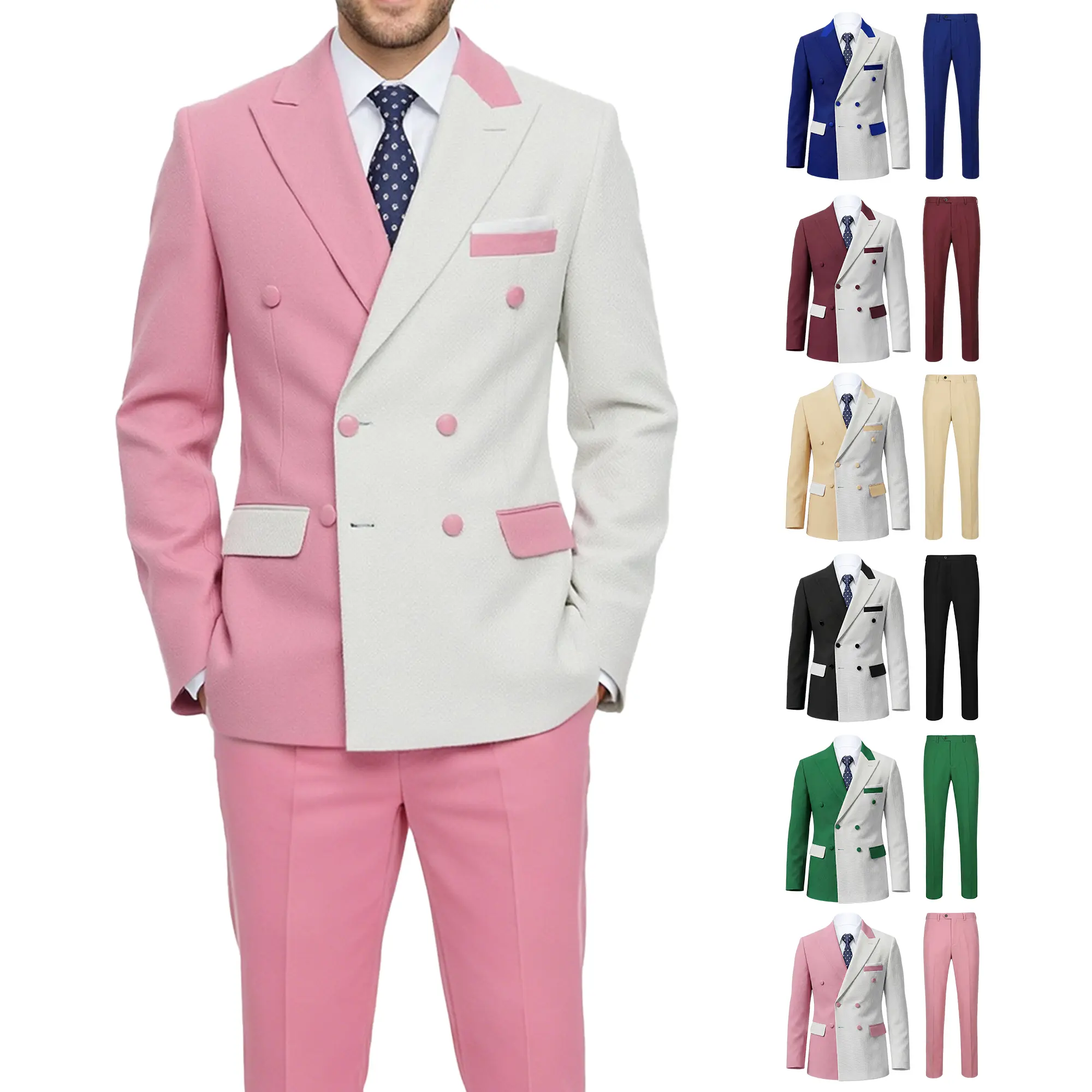 Men’s Color Block Suit Set – Slim Fit Double-Breasted Blazer and Pants, Contrast Formal Outfit for Business, Wedding & Party