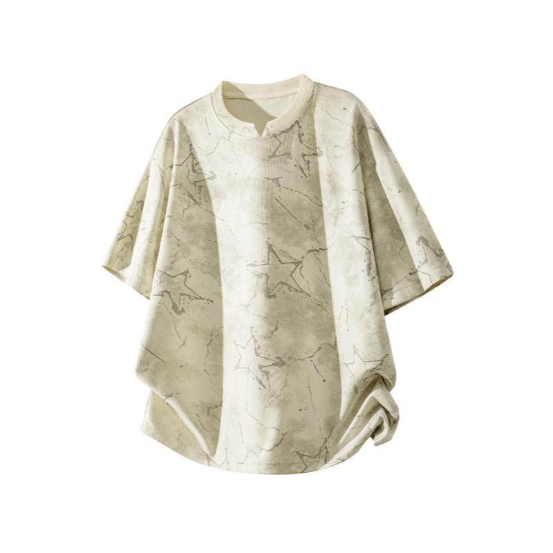 Men’s American tie-dye V-neck printed T-shirt with dropped shoulders and short sleeves; lightweight knit top for summer—breathable, trendy, versatile casual wear for everyday use and outdoor sports; Y2K style.