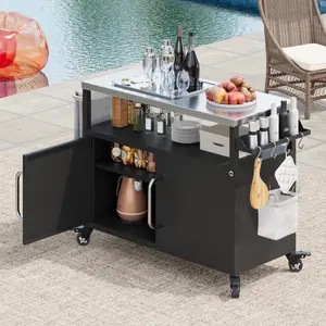 54.5" Outdoor Kitchen Island with Stainless Steel Tabletop, Metal Grill Cart Table with Storage Cabinet, Spice Rack and Towel Rack, Outdoor Bar Cart with 4 Lockable Wheels for Outside BBQ