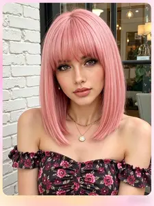 Cute Pink Short Bob Straight Wig for Women, 12 Inches Heat-resistant Synthetic Wig with Bangs, Comfortable Rose Net, Perfect for Parties, Vacations, Cosplay and Daily Use