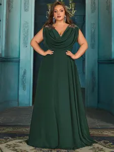 Plus Size Emerald Green Chiffon Bridesmaid Dress Drop Shoulder Cowl Neck Formal Evening Gown