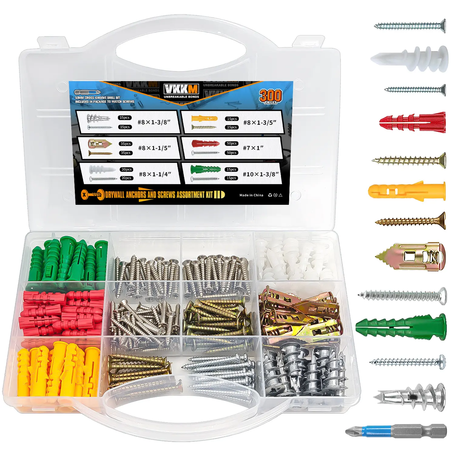 VKKM 300Pcs Drywall Anchors & Screws Assortment Kit, Multi-Type Plastic & Hollow Wall Anchors with Phillips Screws and Magnetic Drill Bit for Concrete Brick Drywall Wood Mounting