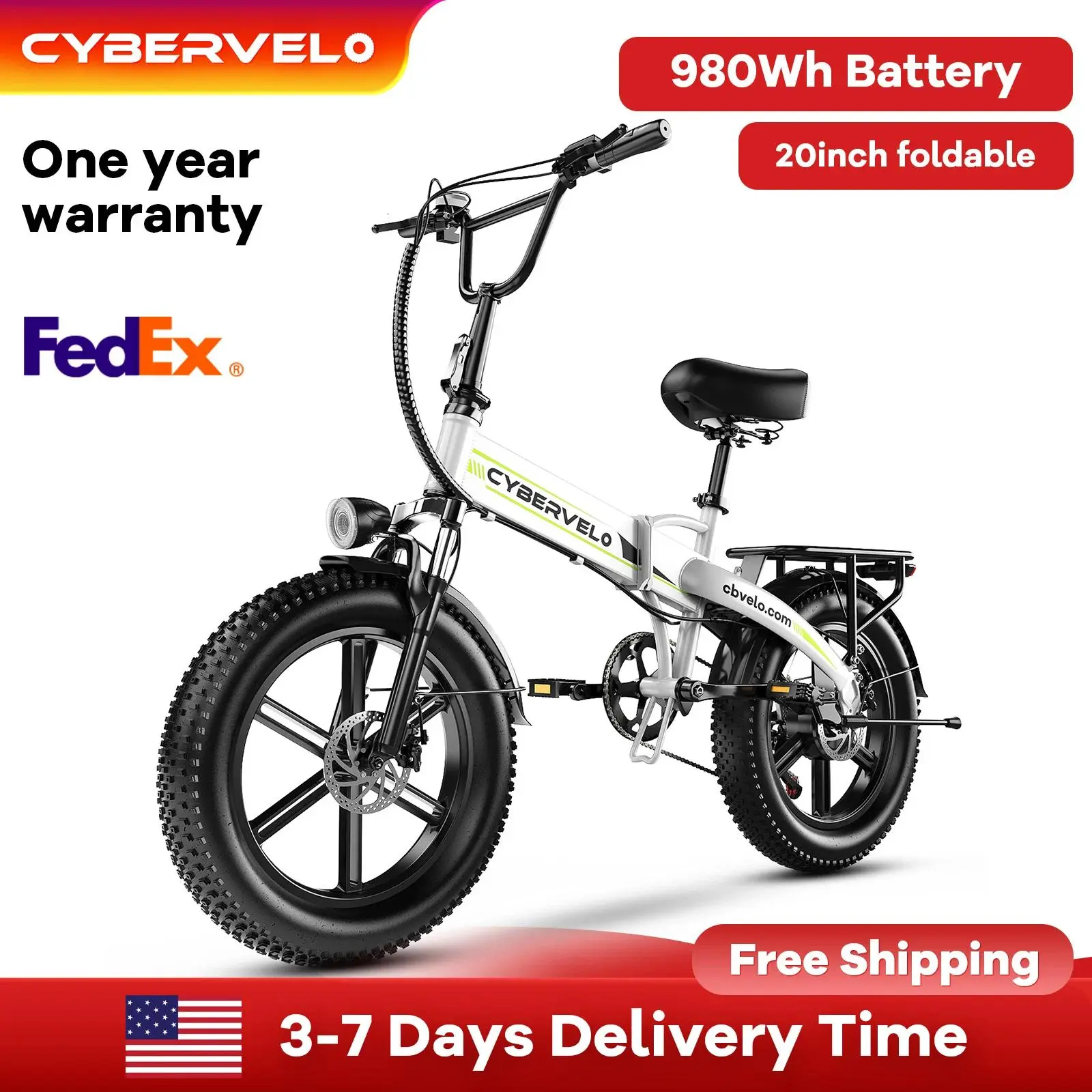 Cybervelo 1000W Folding Ebike 20" Fat Tire 48V 20AH Removable Battery 28+MPH 80 Miles 7-Speed Adult Electric Bike EK5